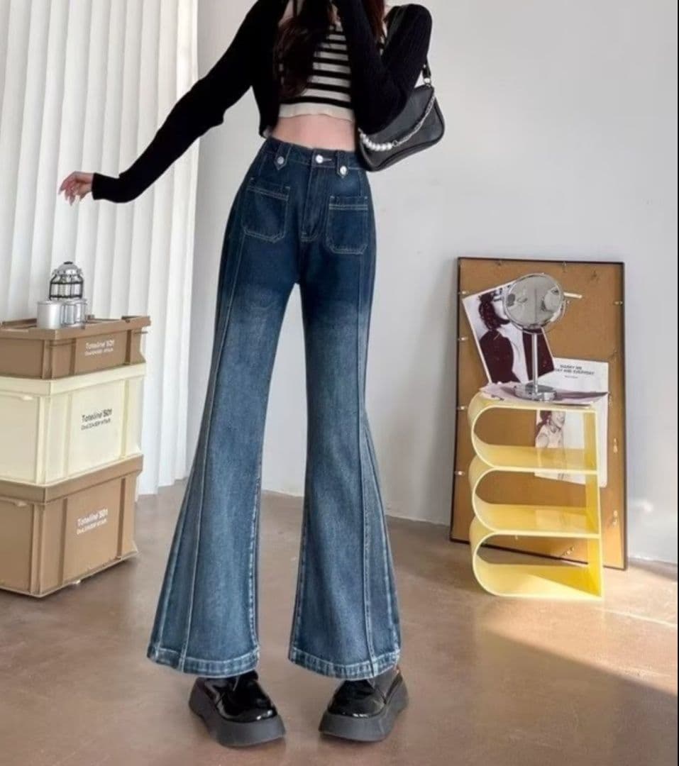 フレアパンツ 復刻風ハイウエストワイドフレア長丈デニム