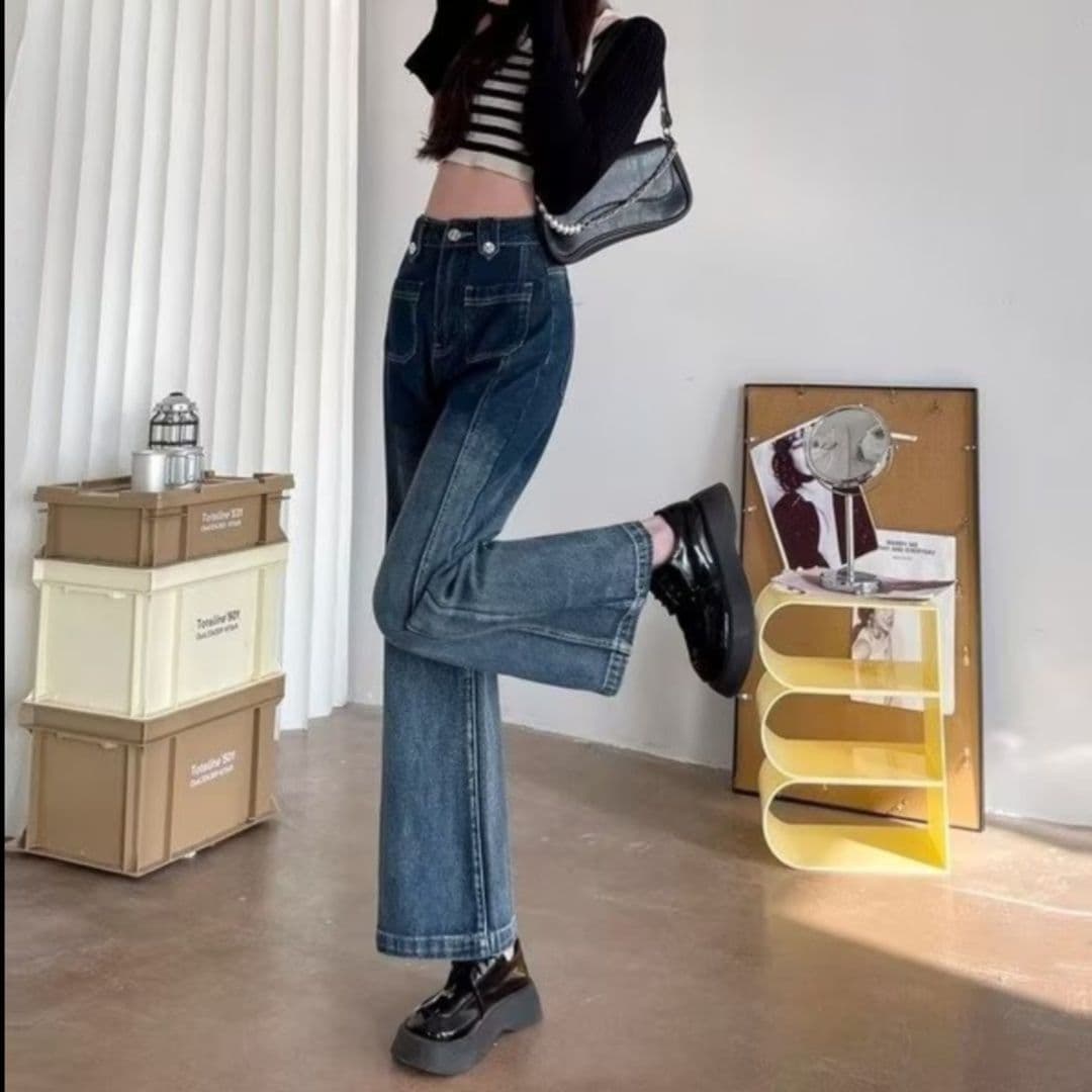 フレアパンツ 復刻風ハイウエストワイドフレア長丈デニム