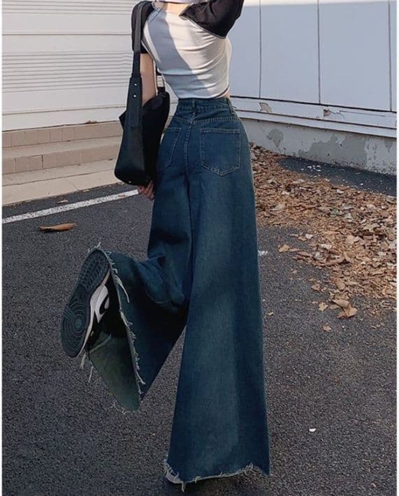 フレアパンツ ハイウエスト切替デザインワイドフレアデニムパンツ