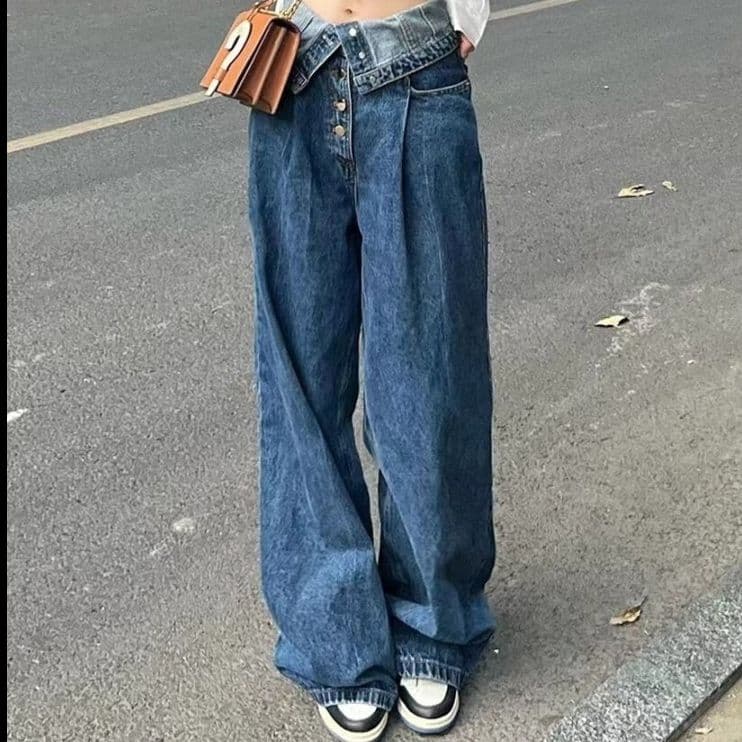 フレアパンツ 折り返しウエストボタンフライワイドフレアデニムパンツ