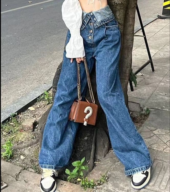 フレアパンツ 折り返しウエストボタンフライワイドフレアデニムパンツ