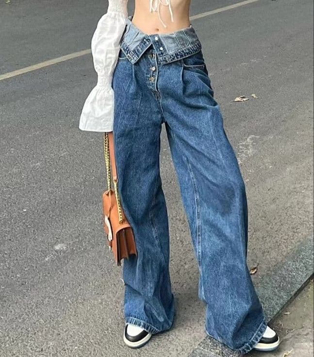 フレアパンツ 折り返しウエストボタンフライワイドフレアデニムパンツ