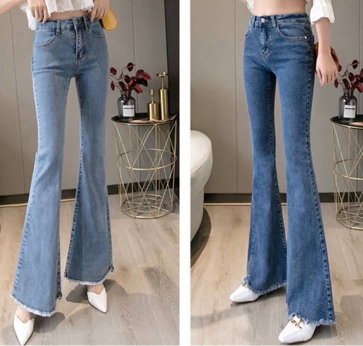 フレアパンツ 裾切りっぱなし美脚フレアデニムパンツ