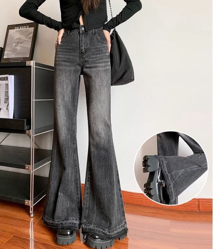 裾フリンジ付きハイウエストワイドデニムフレアパンツ