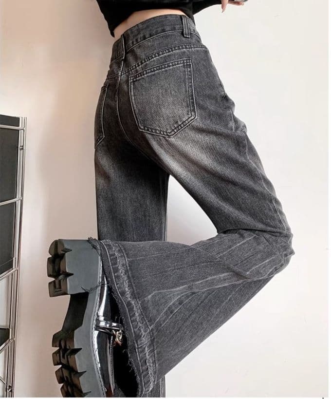 裾フリンジ付きハイウエストワイドデニムフレアパンツ