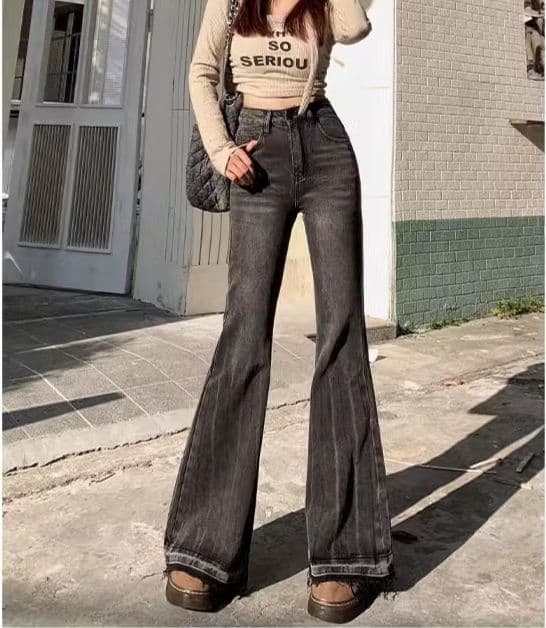 フレアパンツ ハイウエストヴィンテージ風フレアデニムパンツ