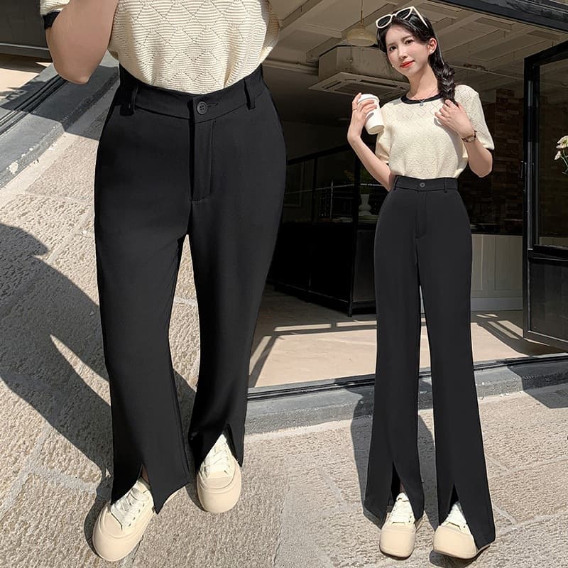 フレアパンツ 裾スリット入り美脚フレアスラックス