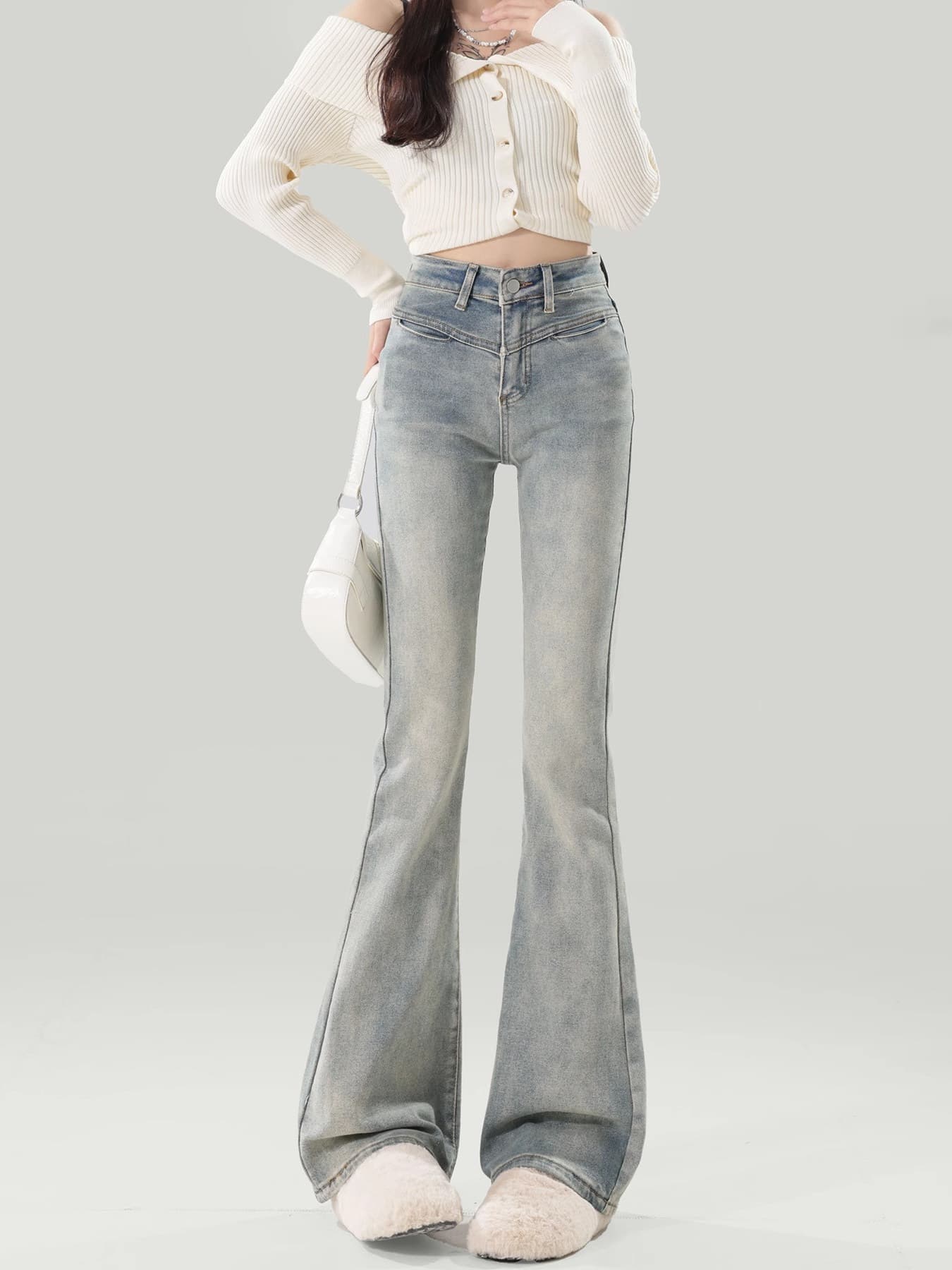 フレアパンツ 美脚効果抜群ハイウエストフレア足長デニムパンツ