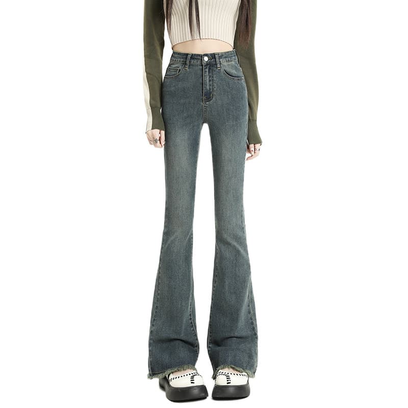 フレアパンツ 美脚見せハイウエストフレアデニムパンツ