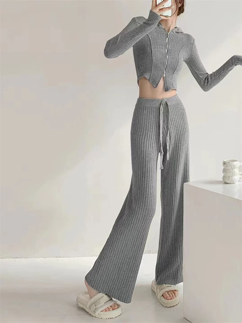 フレアパンツ 優美ニット縦リブフレアパンツ