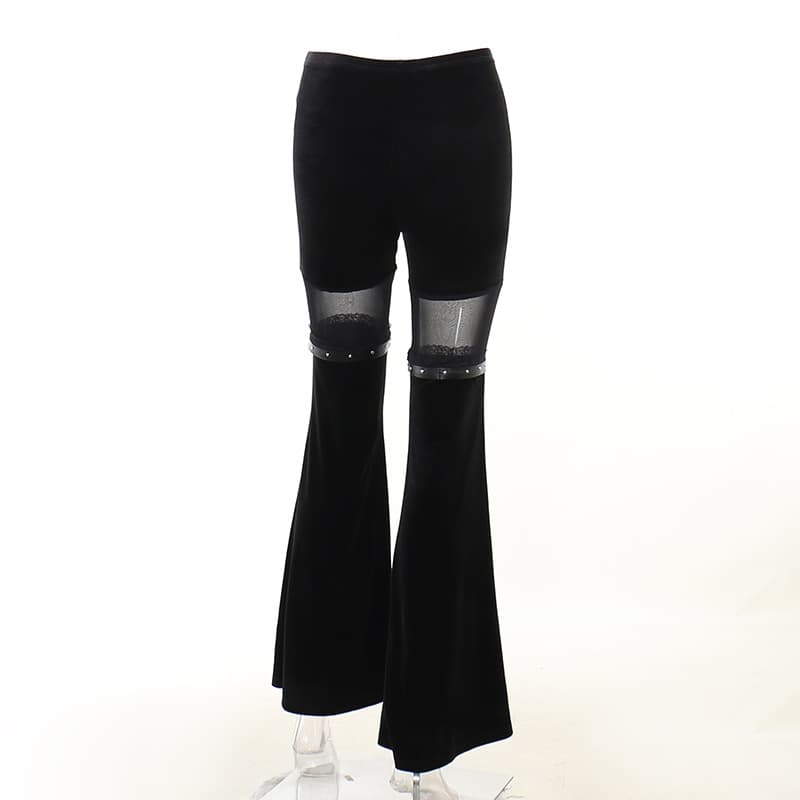 フレアパンツ ハイウエスト シースルー切替 フレアスラックス レディース