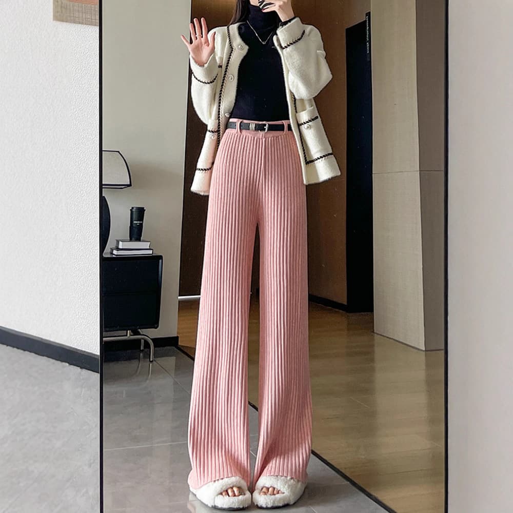 フレアパンツ 縦リブ編み上質フレアパンツ