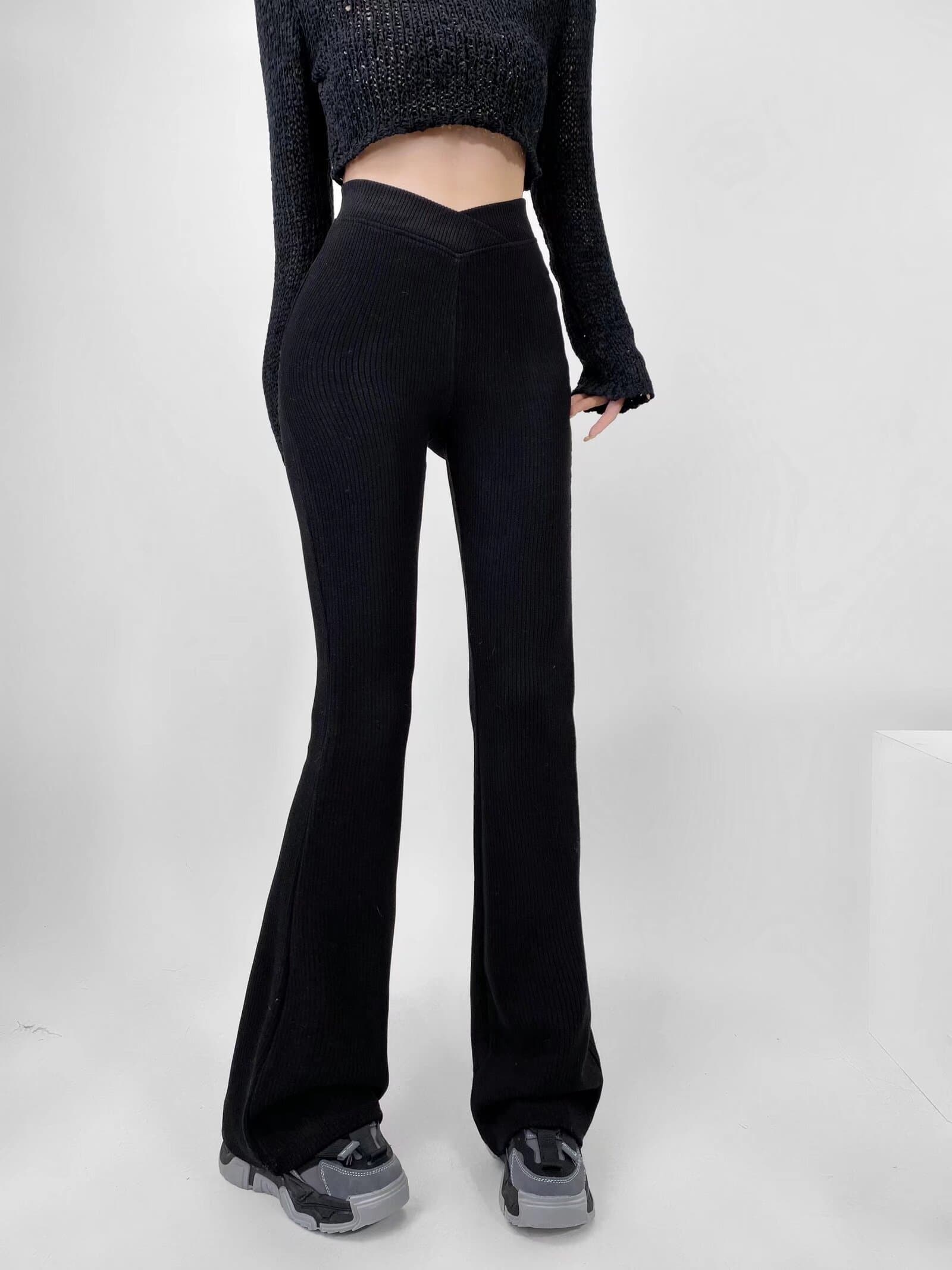 フレアパンツ リブニットフレアパンツ