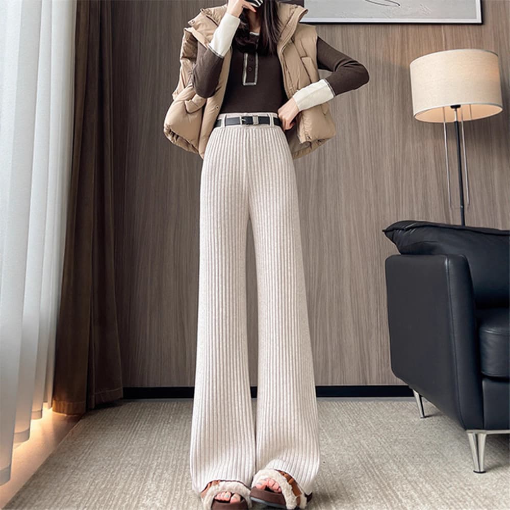 フレアパンツ 縦リブ編み上質フレアパンツ