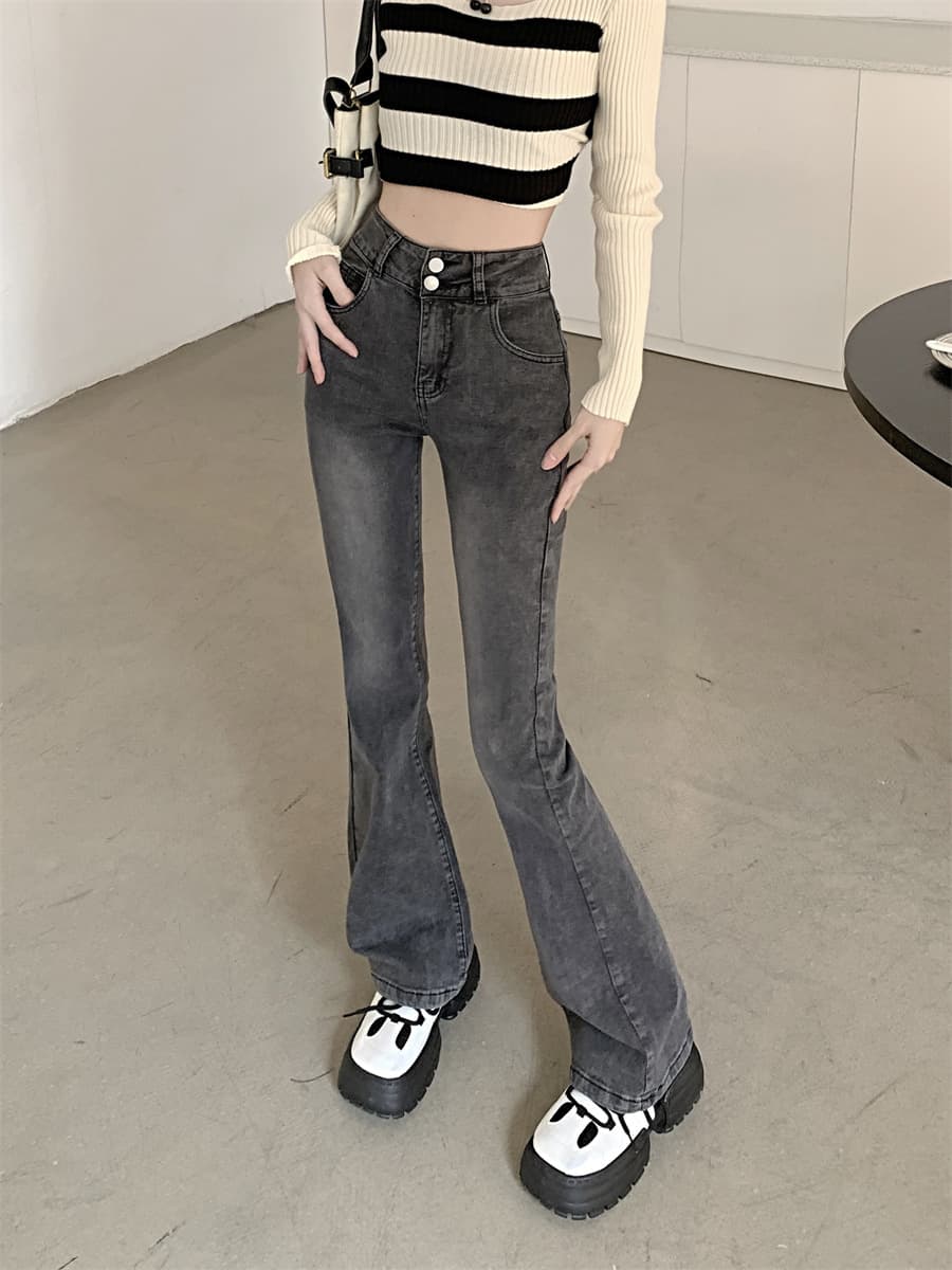 フレアパンツ 復刻風ハイウエスト裾広がりデニムパンツ