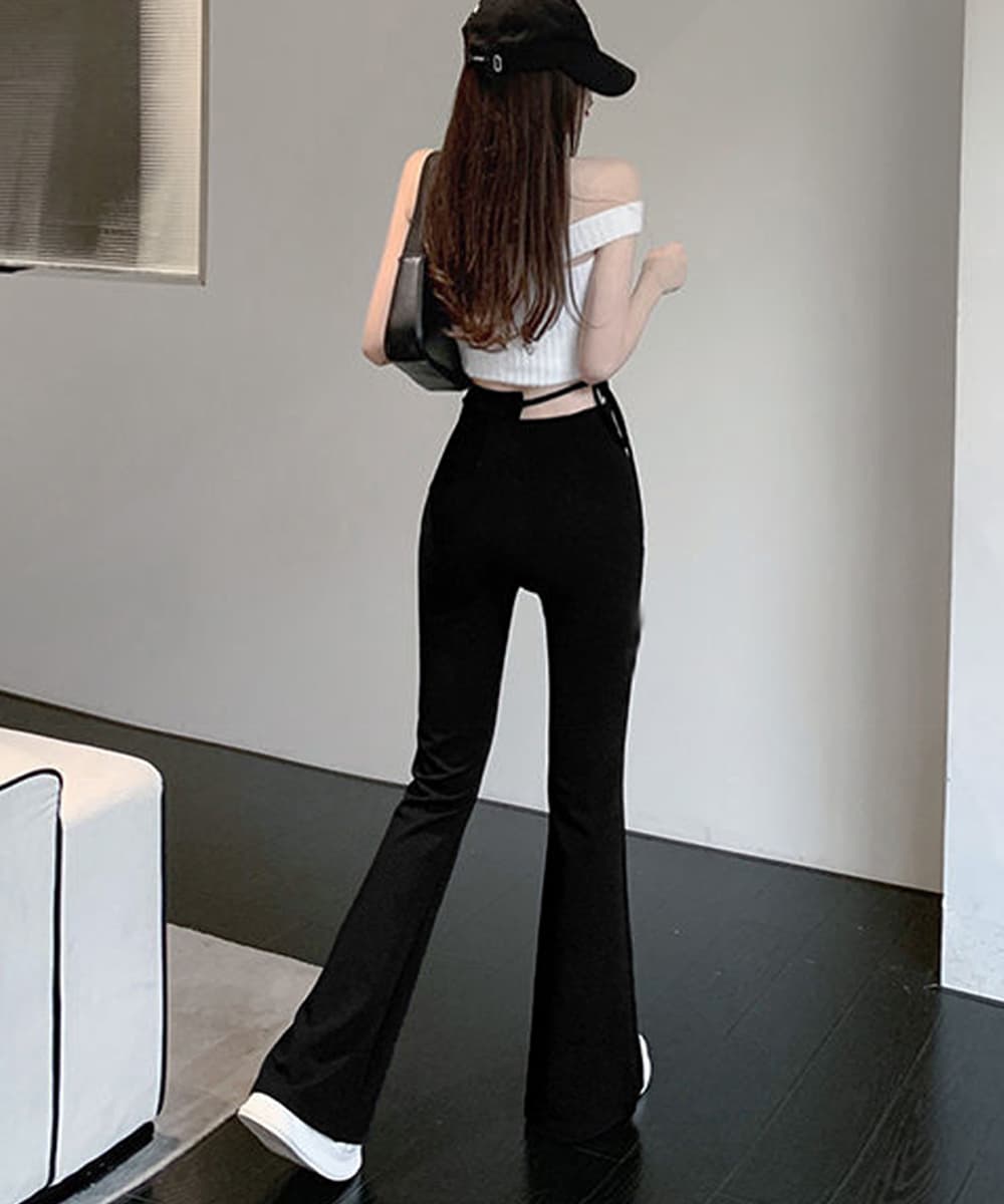美脚フレアパンツ ウエストカットデザイン