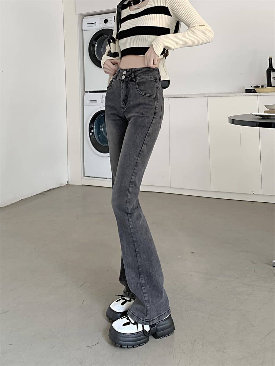 フレアパンツ 復刻風ハイウエスト裾広がりデニムパンツ