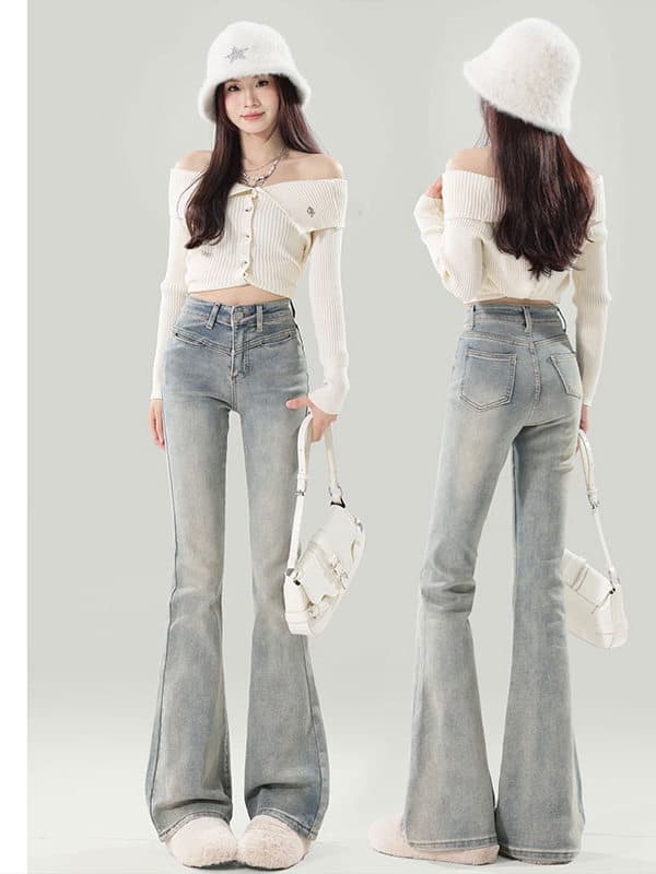 フレアパンツ 美脚効果抜群ハイウエストフレア足長デニムパンツ