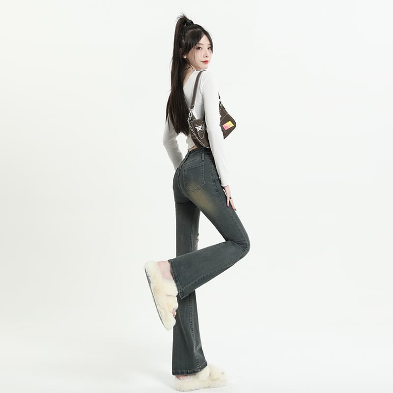 フレアパンツ 美脚効果抜群ヴィンテージ風フレア