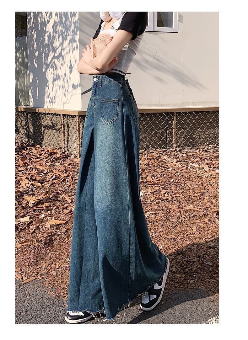 フレアパンツ ハイウエスト切替デザインワイドフレアデニムパンツ
