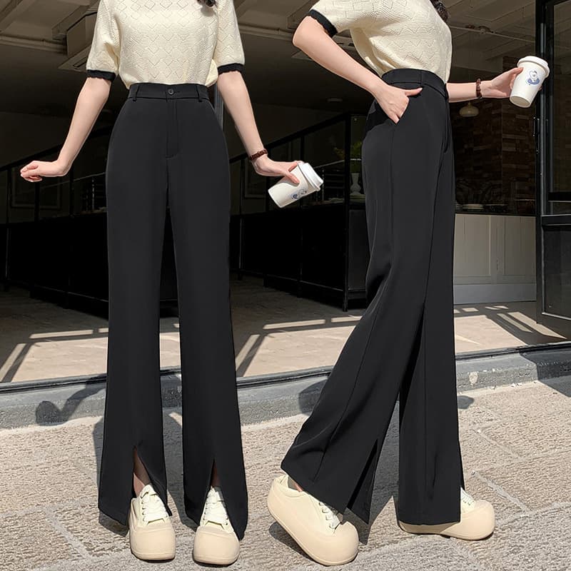 フレアパンツ 裾スリット入り美脚フレアスラックス