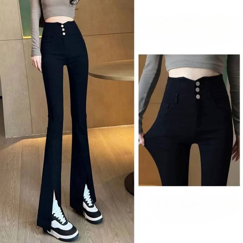 フレアパンツ 裏起毛ハイウエスト三つボタンフレアパンツ