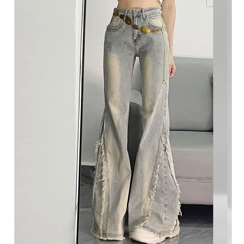 フレアパンツ 裾フリンジ加工ワイドフレアデニム