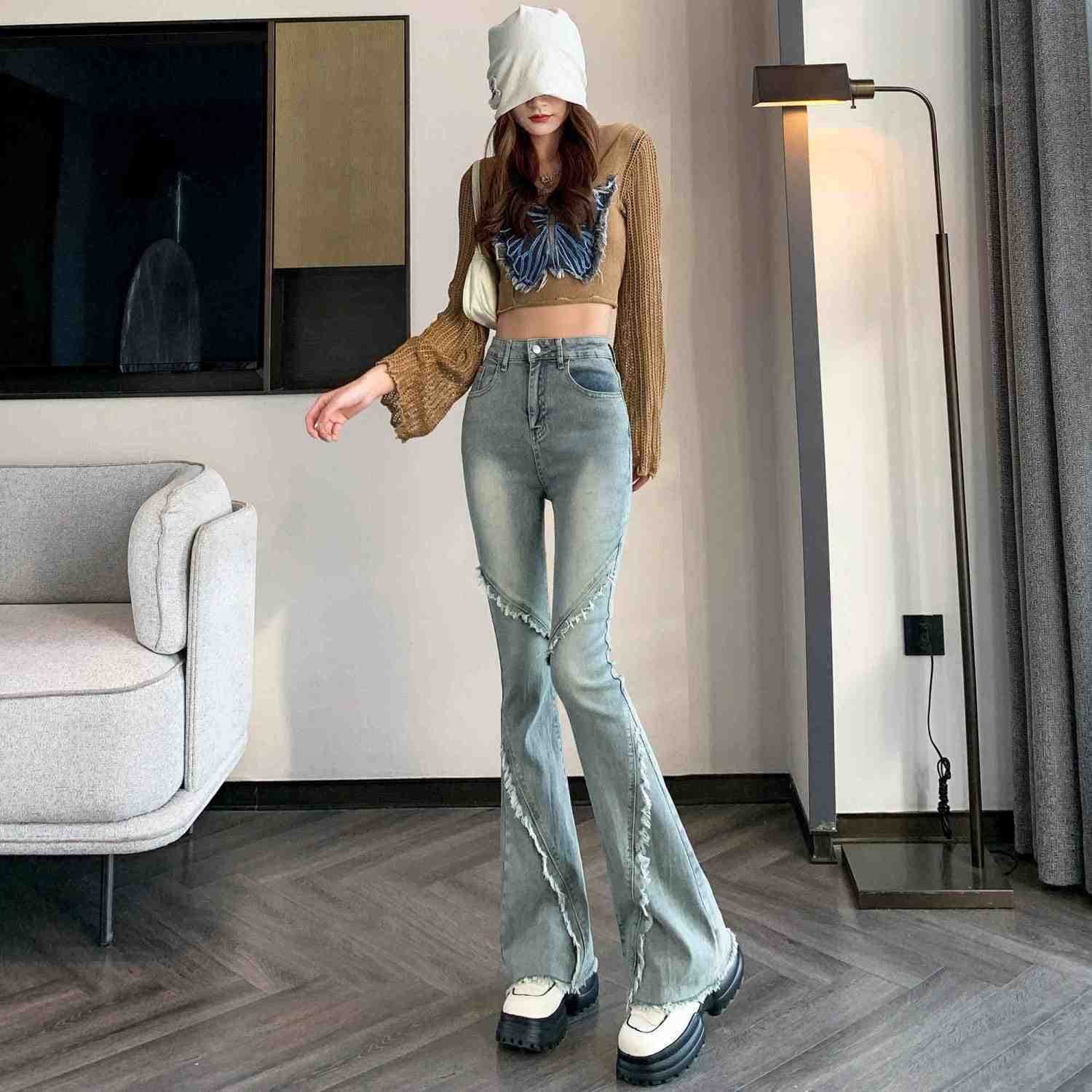 フレアパンツ 切り替えデザインハイウエストフレアデニムパンツ