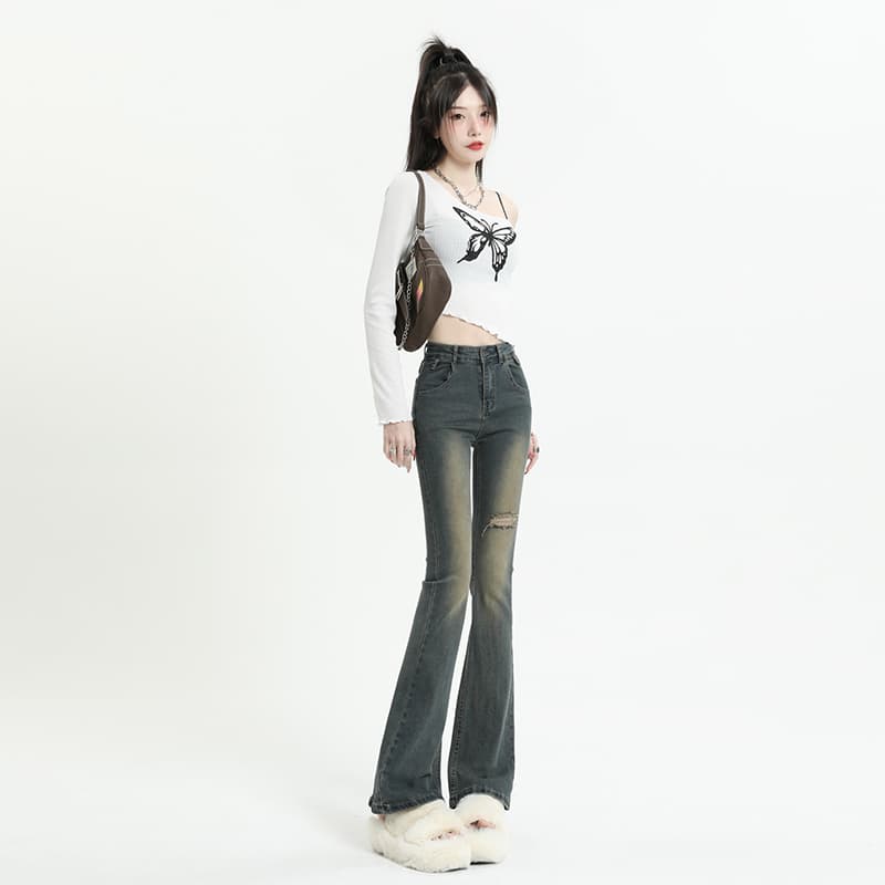 フレアパンツ 美脚効果抜群ヴィンテージ風フレア