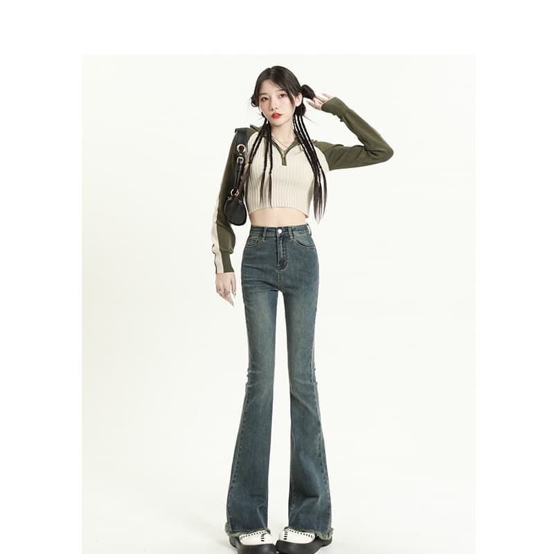 フレアパンツ 美脚見せハイウエストフレアデニムパンツ