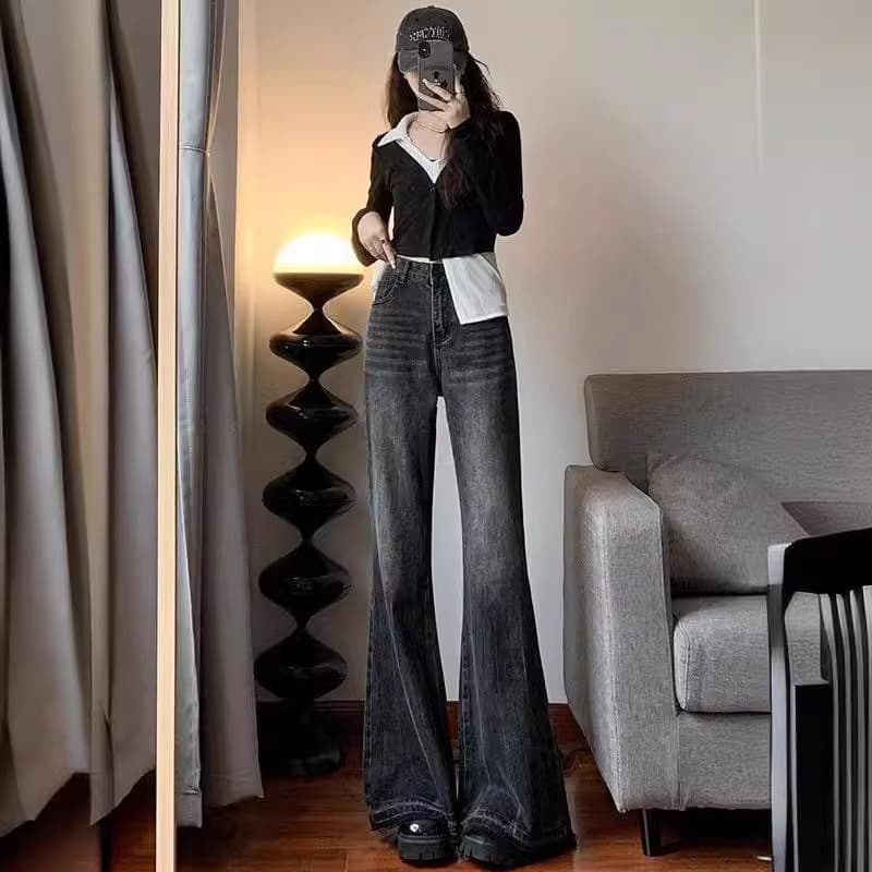 裾フリンジ付きハイウエストワイドデニムフレアパンツ