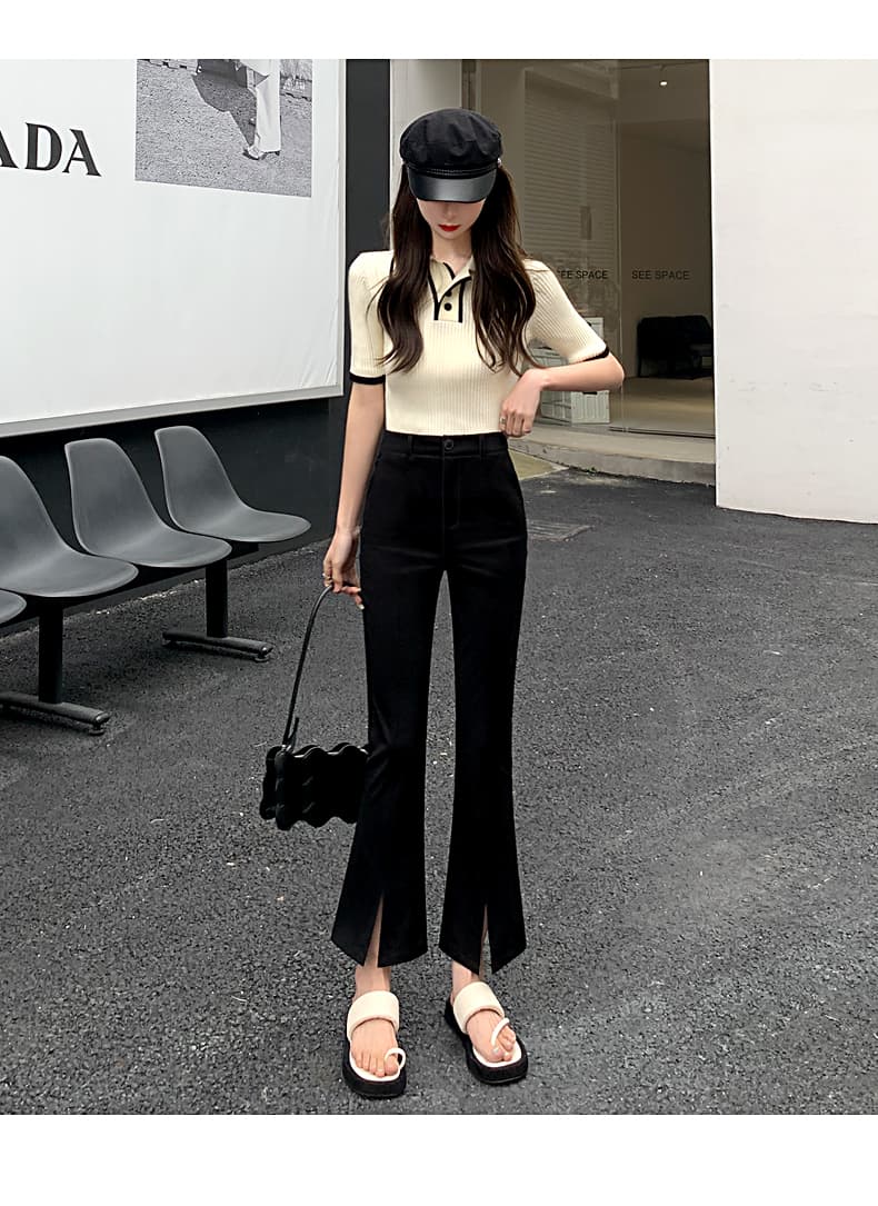 フレアパンツ 裾スリット入りフレアスラックス