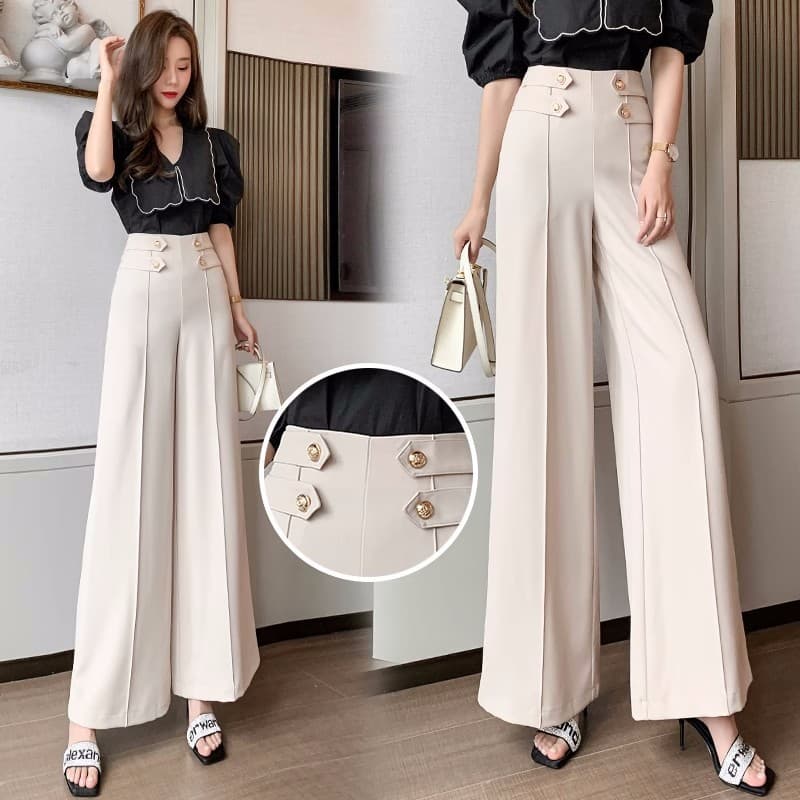 フレアパンツ 装飾ボタン付きハイウエストフレアスラックス