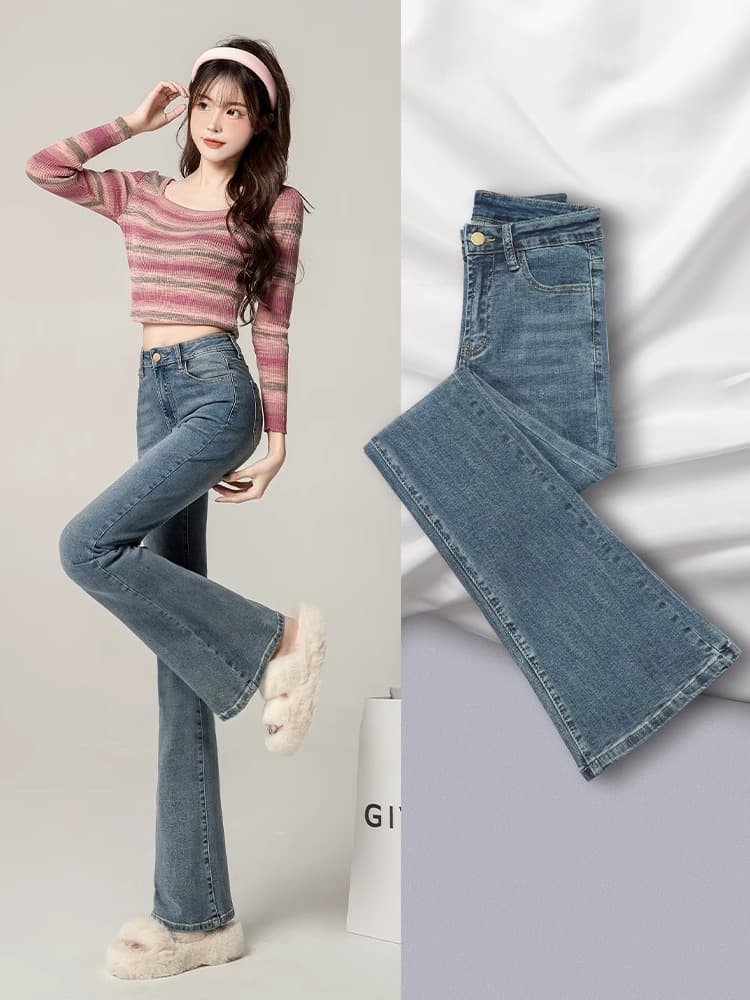 フレアパンツ すらりと美脚ウォッシュフレアデニム