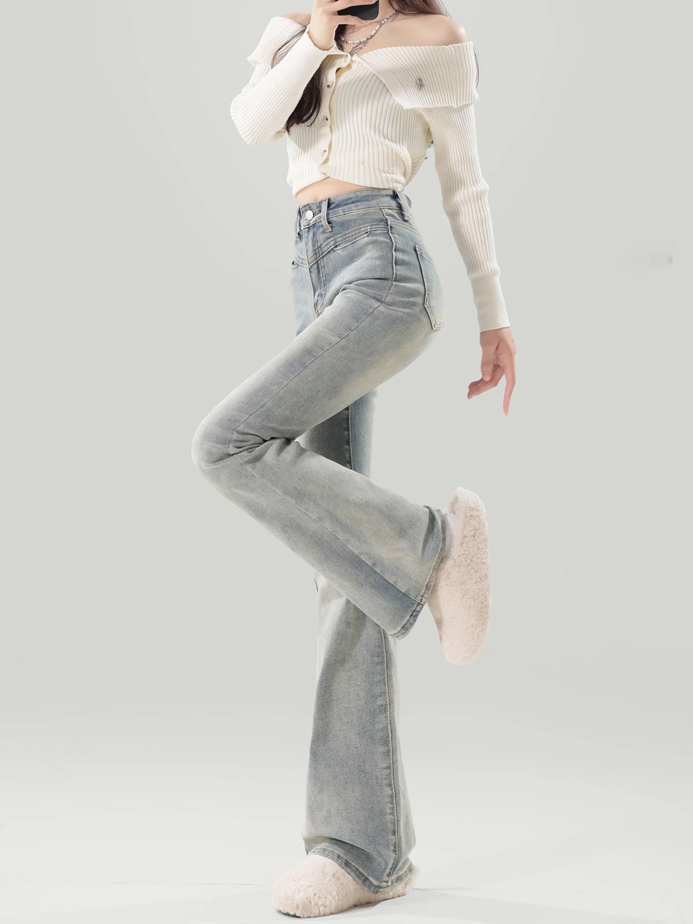 フレアパンツ 美脚効果抜群ハイウエストフレア足長デニムパンツ