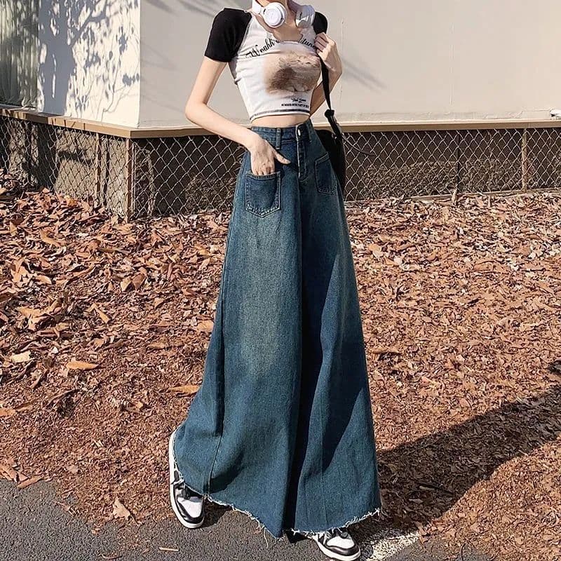 フレアパンツ ハイウエスト切替デザインワイドフレアデニムパンツ