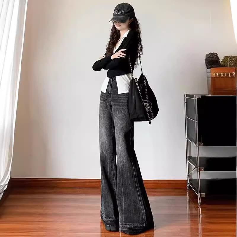 裾フリンジ付きハイウエストワイドデニムフレアパンツ