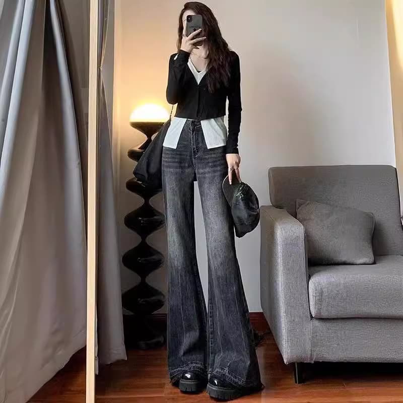 裾フリンジ付きハイウエストワイドデニムフレアパンツ