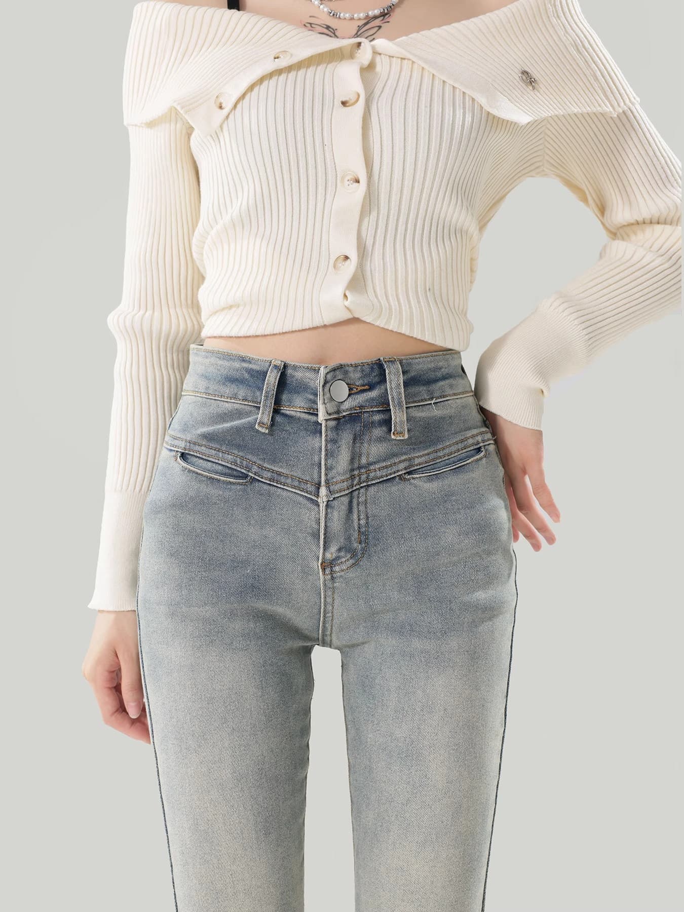 フレアパンツ 美脚効果抜群ハイウエストフレア足長デニムパンツ