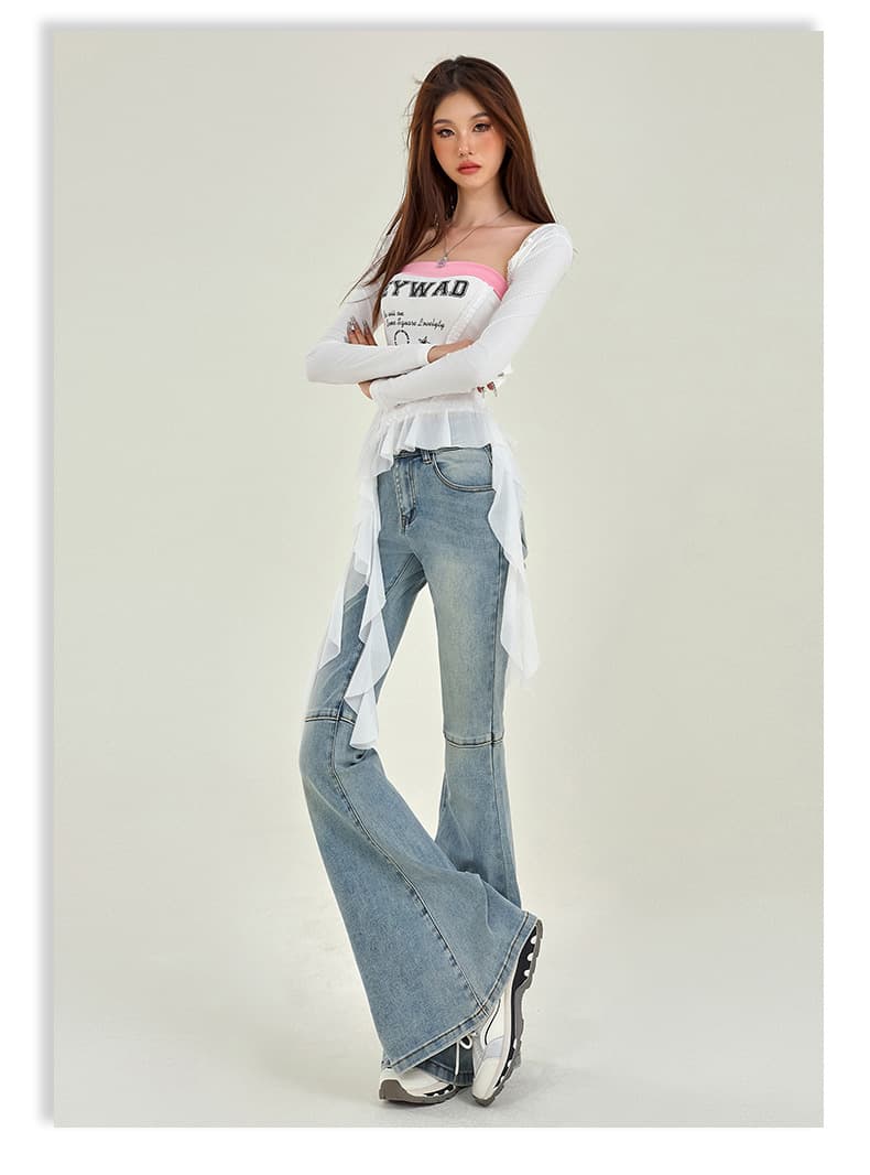 フレアパンツ 膝切替ステッチ入り裾広がりフレアデニムパンツ