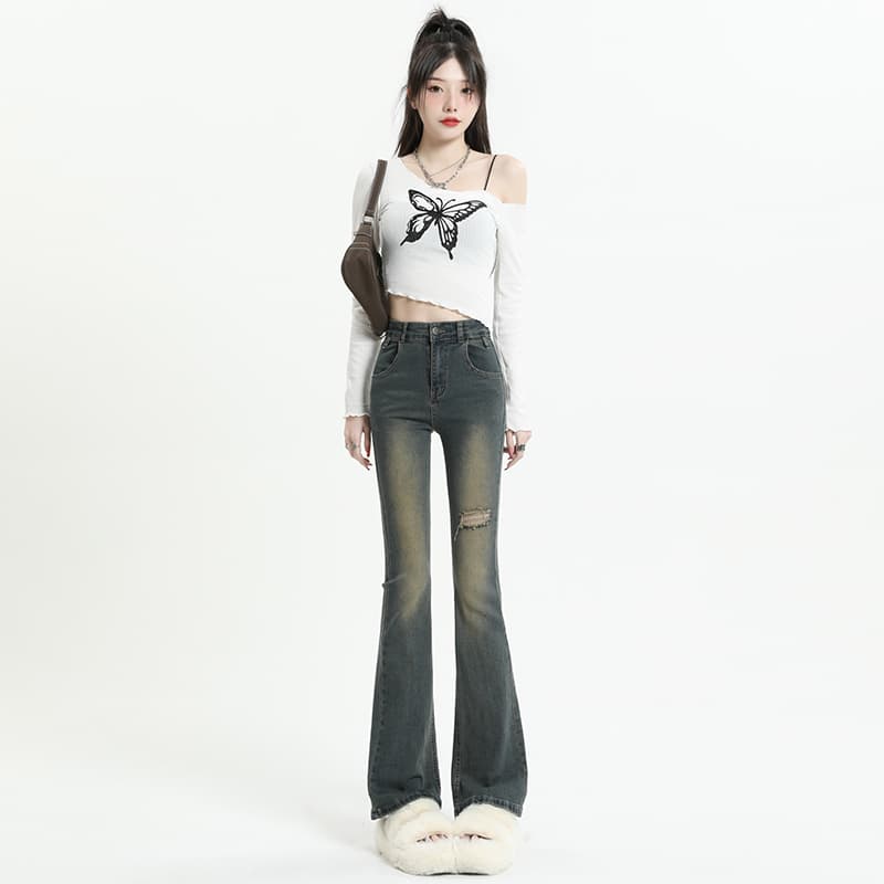 フレアパンツ 美脚効果抜群ヴィンテージ風フレア