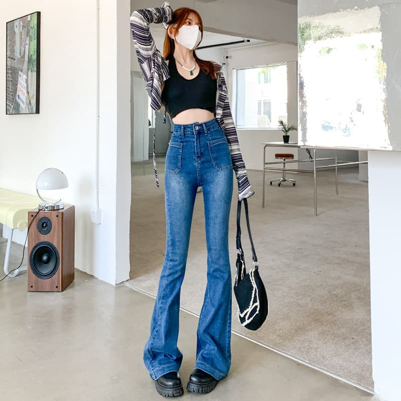 フレアパンツ 高腰切替ステッチ入りフレアデニムパンツ