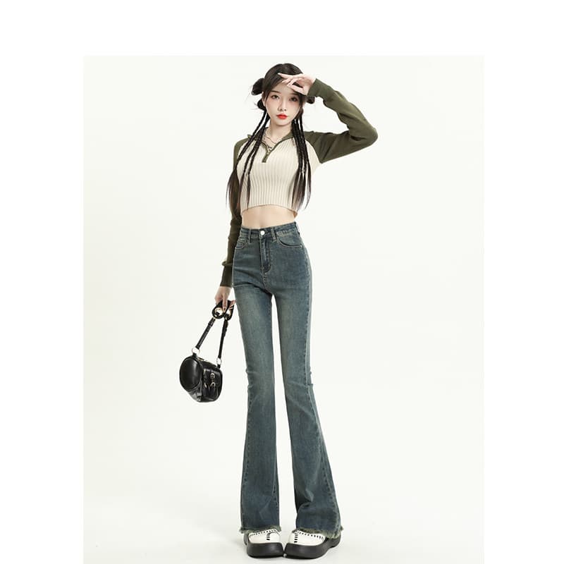 フレアパンツ 美脚見せハイウエストフレアデニムパンツ