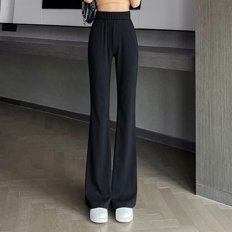 フレアパンツ リブ編みハイウエストフレアパンツ