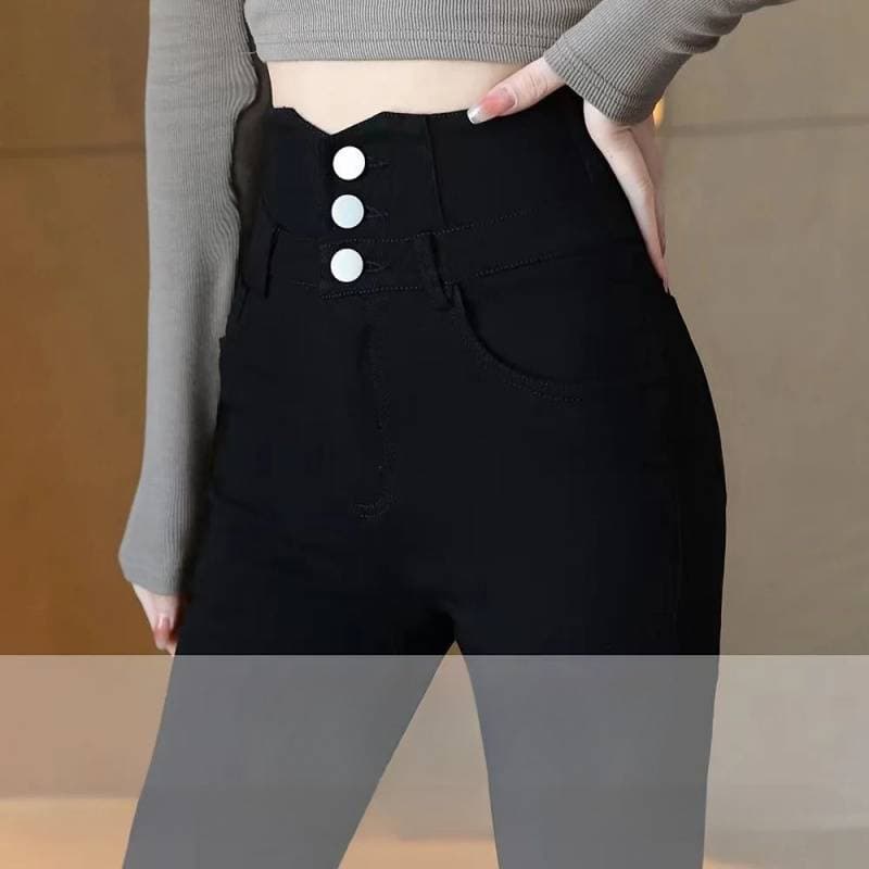 フレアパンツ 裏起毛ハイウエスト三つボタンフレアパンツ