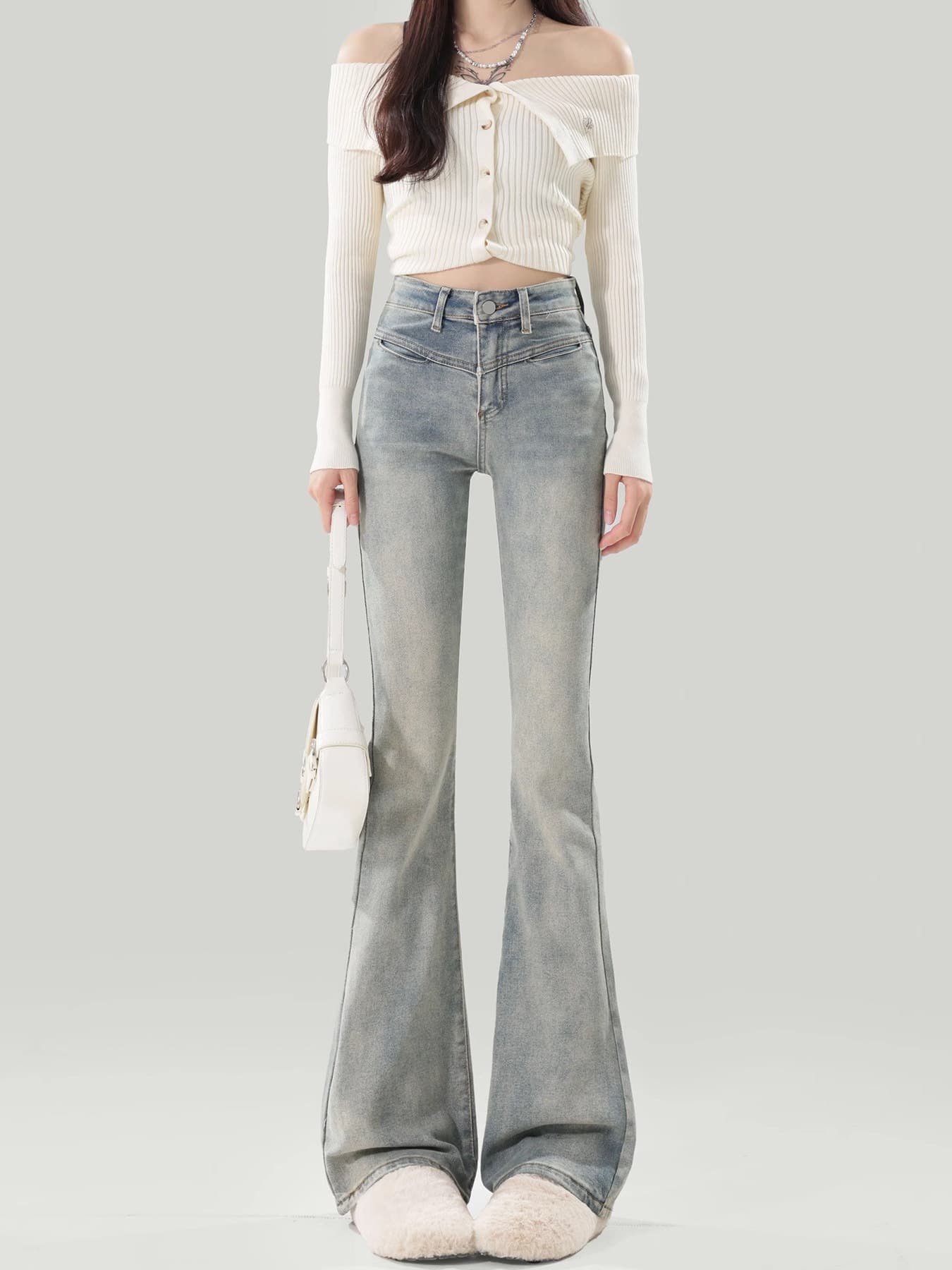 フレアパンツ 美脚効果抜群ハイウエストフレア足長デニムパンツ