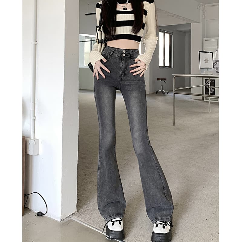 フレアパンツ 復刻風ハイウエスト裾広がりデニムパンツ