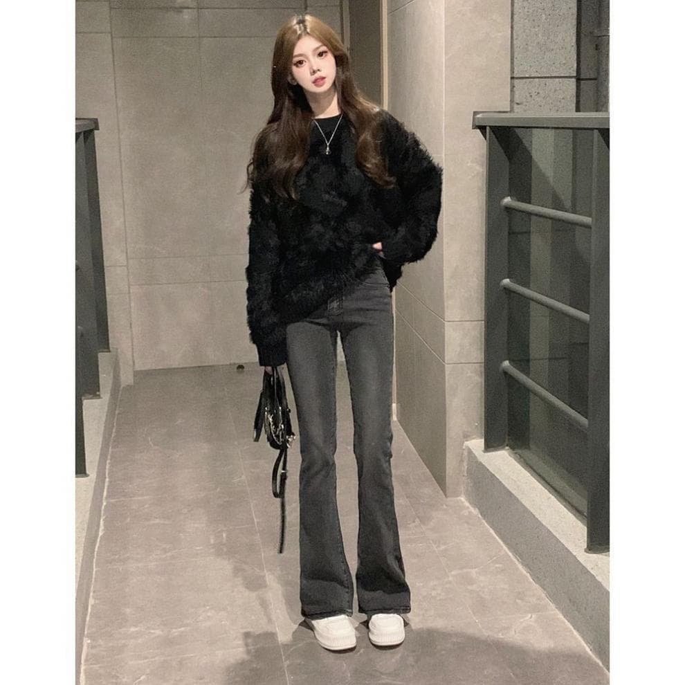 フレアパンツ 脚長効果抜群ハイウエストフレアデニムパンツ