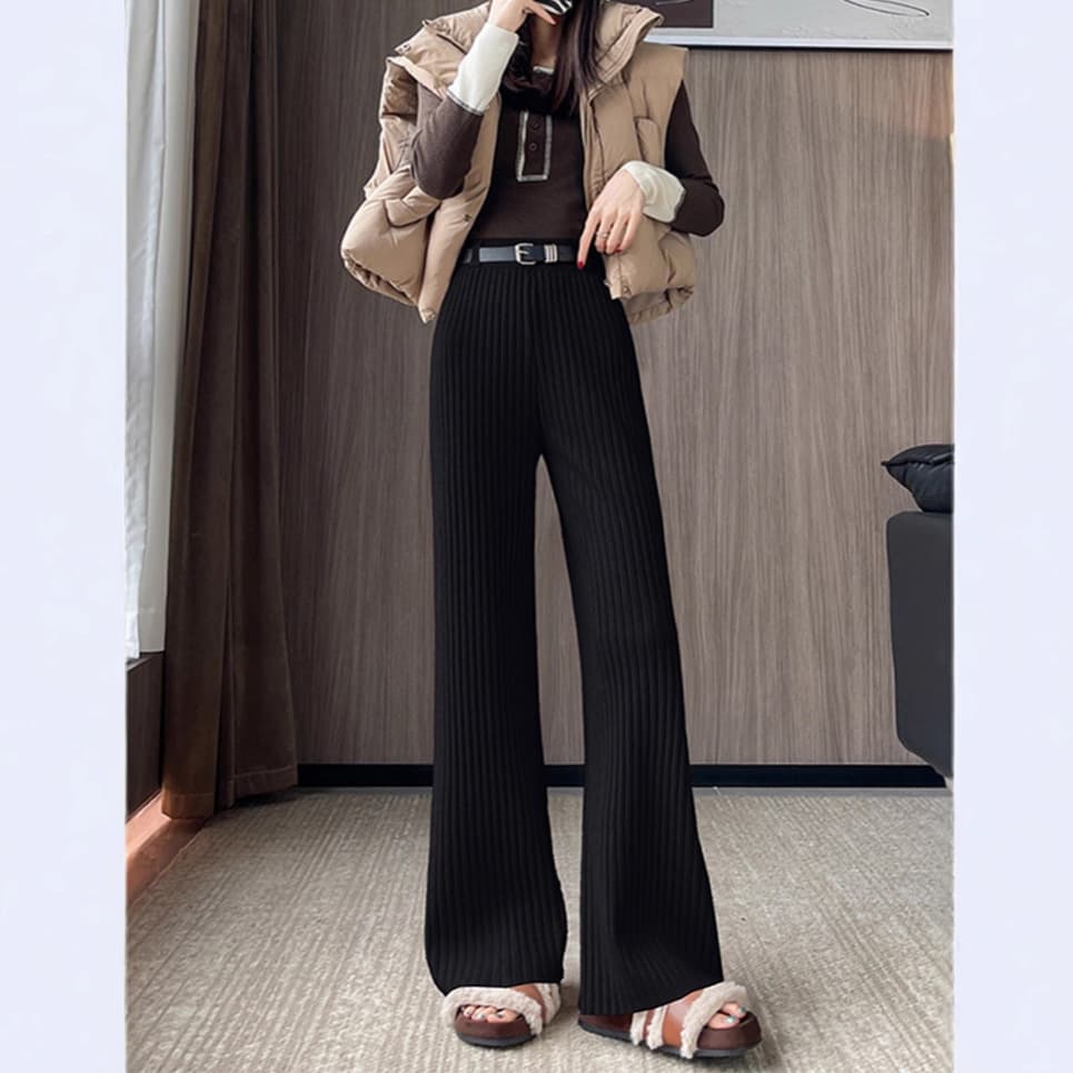 フレアパンツ 縦リブ編み上質フレアパンツ