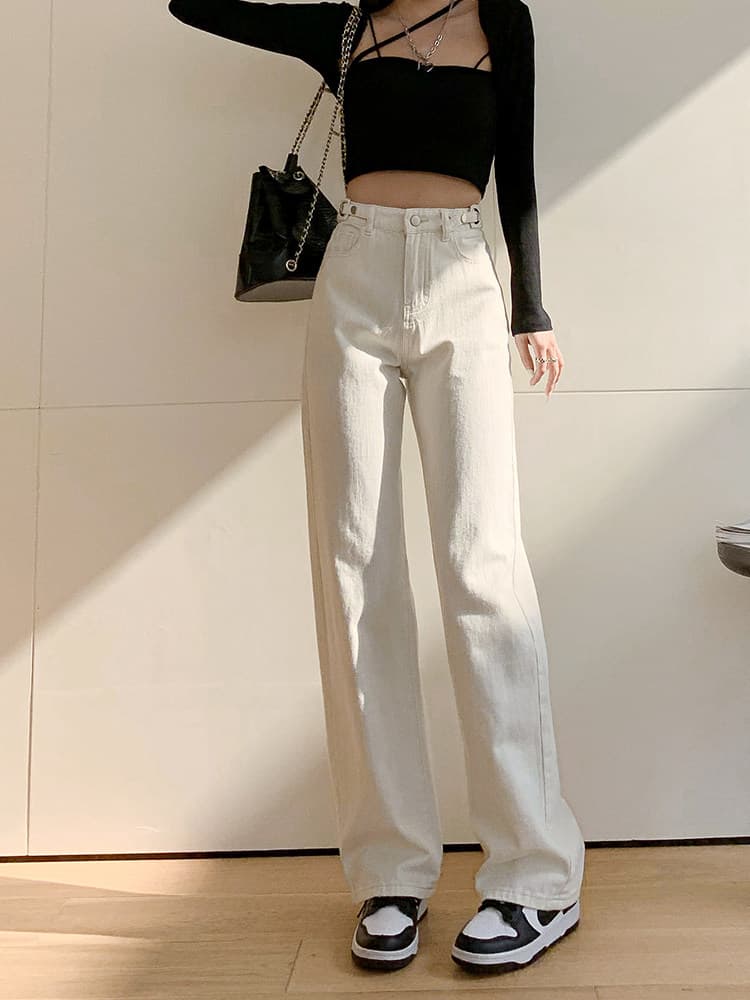 フレアパンツ 裾広がりハイウエストストレートデニムパンツ